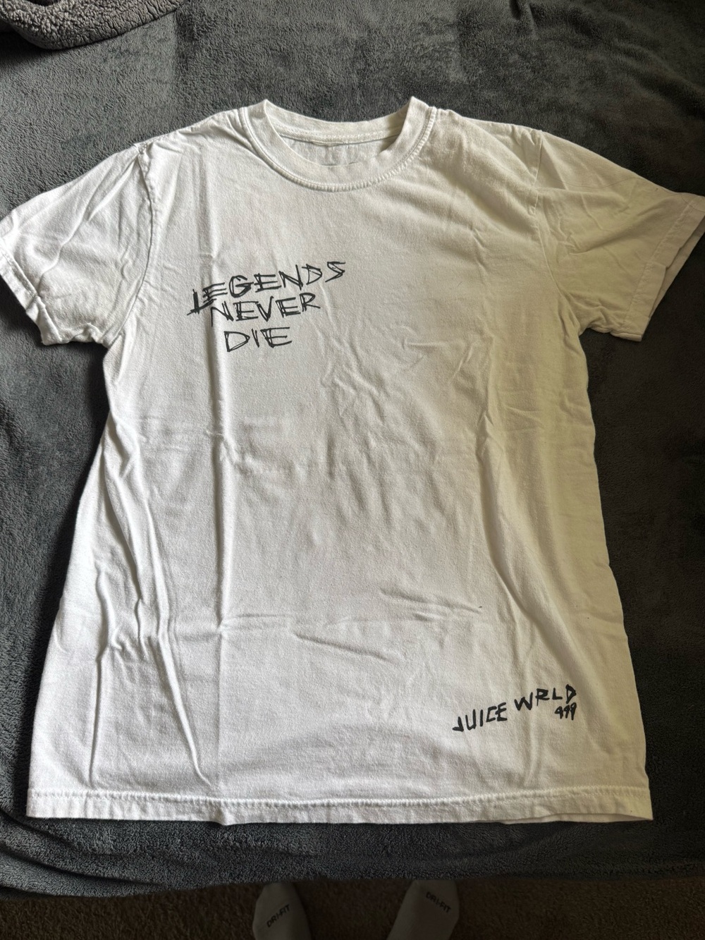 VLONE White Short Sleeve Tee with Black 'Legends Never Die' Script
